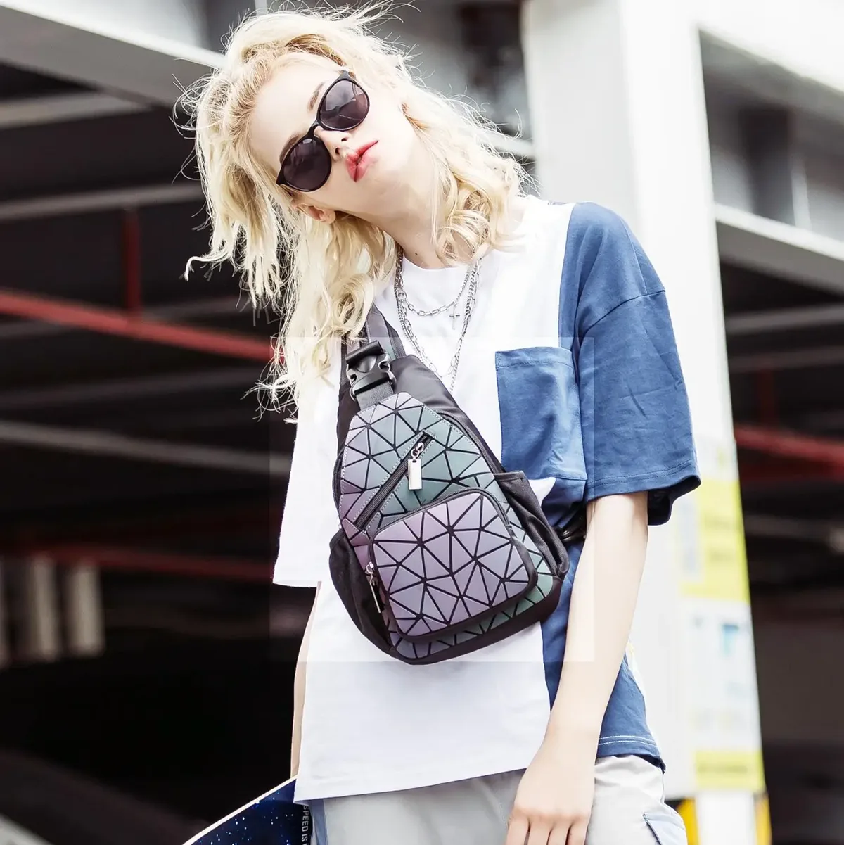 sac à dos géométrique lumineux à paillettes pour femmes, sac à dos d'école pour adolescentes, mochila feminina 2024