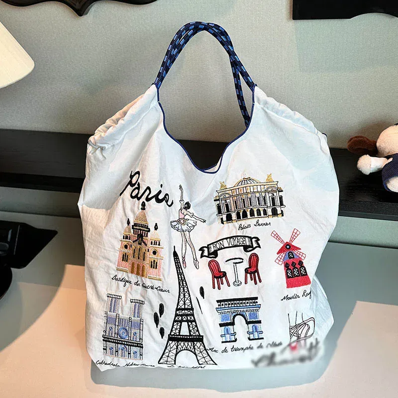 sac de shopping brodé pour femmes, avec chaîne à billes, grande capacité, en nylon écologique, sac à main, sac à bandoulière, sac porté en travers du corps.