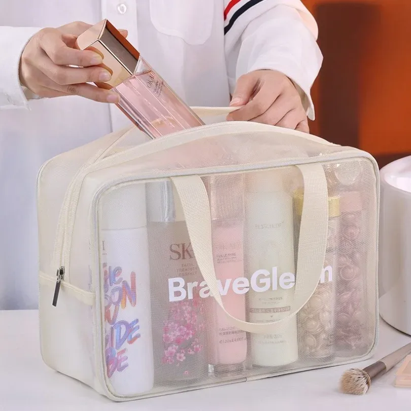 ensemble de sacs de maquillage respirants en maille multi-tailles avec fermeture éclair, sac cosmétique de voyage portable, organisateur de rangement pour articles de toilette pour femmes.