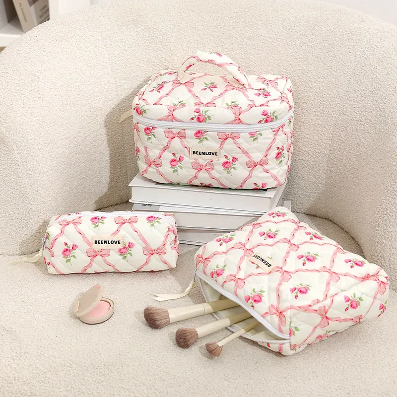 trousse de maquillage de grande capacité, trousse à cosmétiques imprimée de fleurs avec nœud, organisateur de toilette portable à fermeture éclair