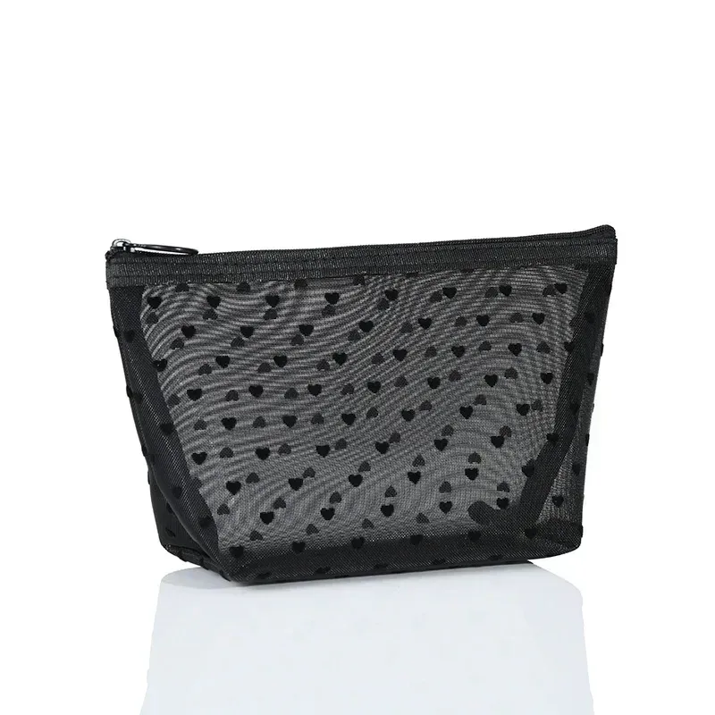 sac à cosmétiques en maille de nylon, organisateur de toilette en forme de cœur à fermeture éclair, sacs de maquillage multifonctionnels pour femmes, rouge à lèvres, clé, porte-monnaie