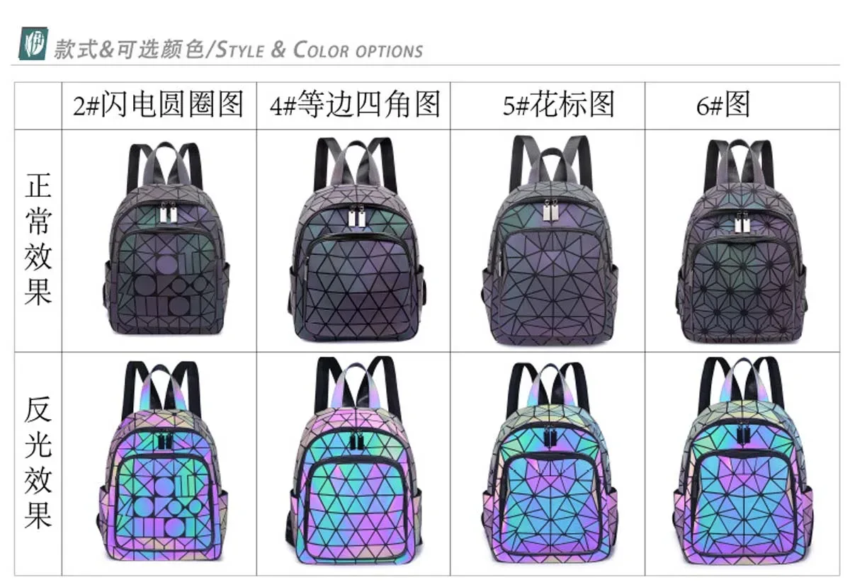 Sac Dos Nylon Gris Violet Motif Diamant Refléchissant Bande Souple Décontracté Grande Capacité Usage Voyage