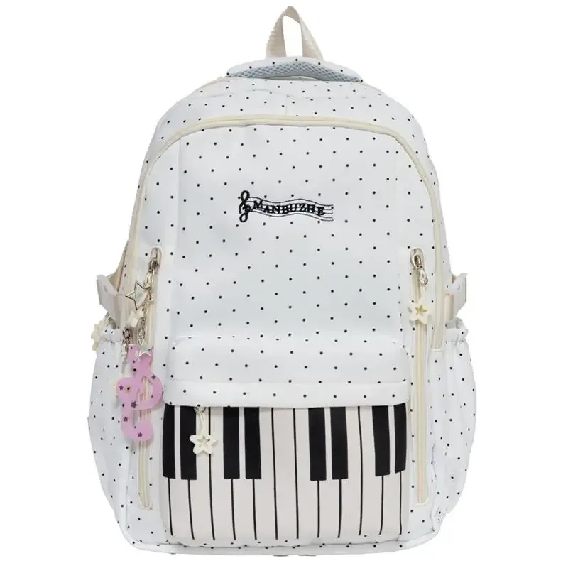 sac à dos d'étudiant grande capacité, sac à bandoulière double, imprimé à pois clavier de piano, sac de voyage scolaire, style coréen vintage