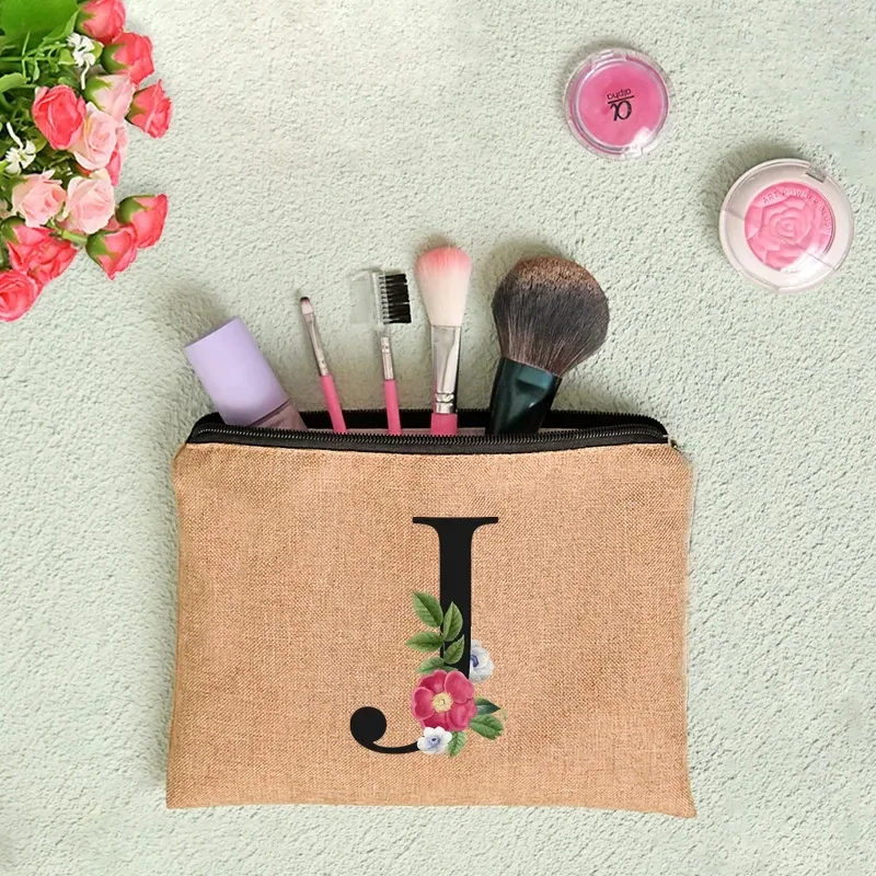 pochette en lin à fermeture éclair pour femmes, imprimé de lettres florales, étui de rangement de voyage, sac à cosmétiques, trousse de maquillage, sacs de maquillage de demoiselle d'honneur