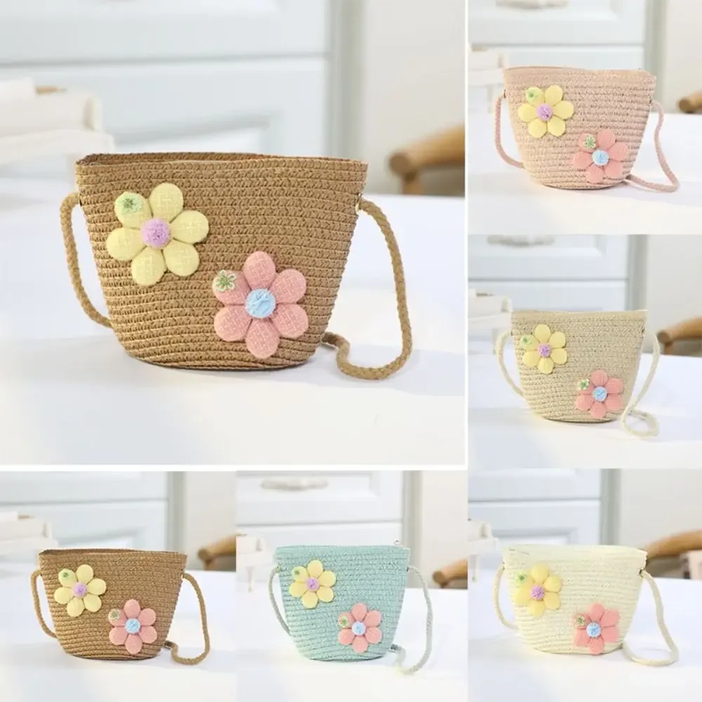 sac à main en paille tissé à la main pour fille, porte-monnaie à fleurs, sacoches à fermeture éclair pour enfant, accessoires photo, panier de rangement, sac à main à bandoulière
