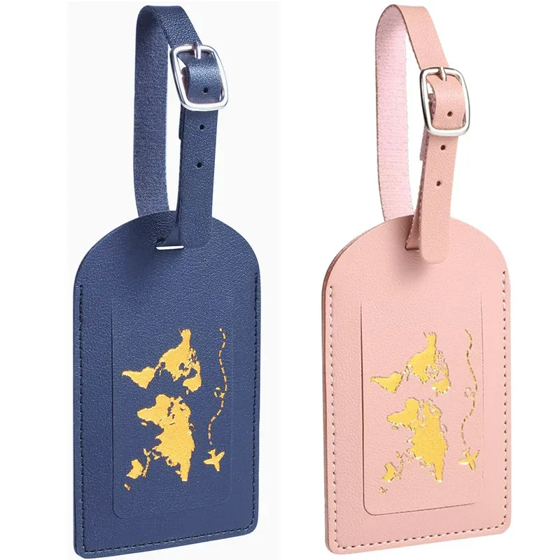 étiquette bagage cuir rose pâle doré carte monde voyage identité bagage fixation anneau métallique espace inscription nom adresse ville pays