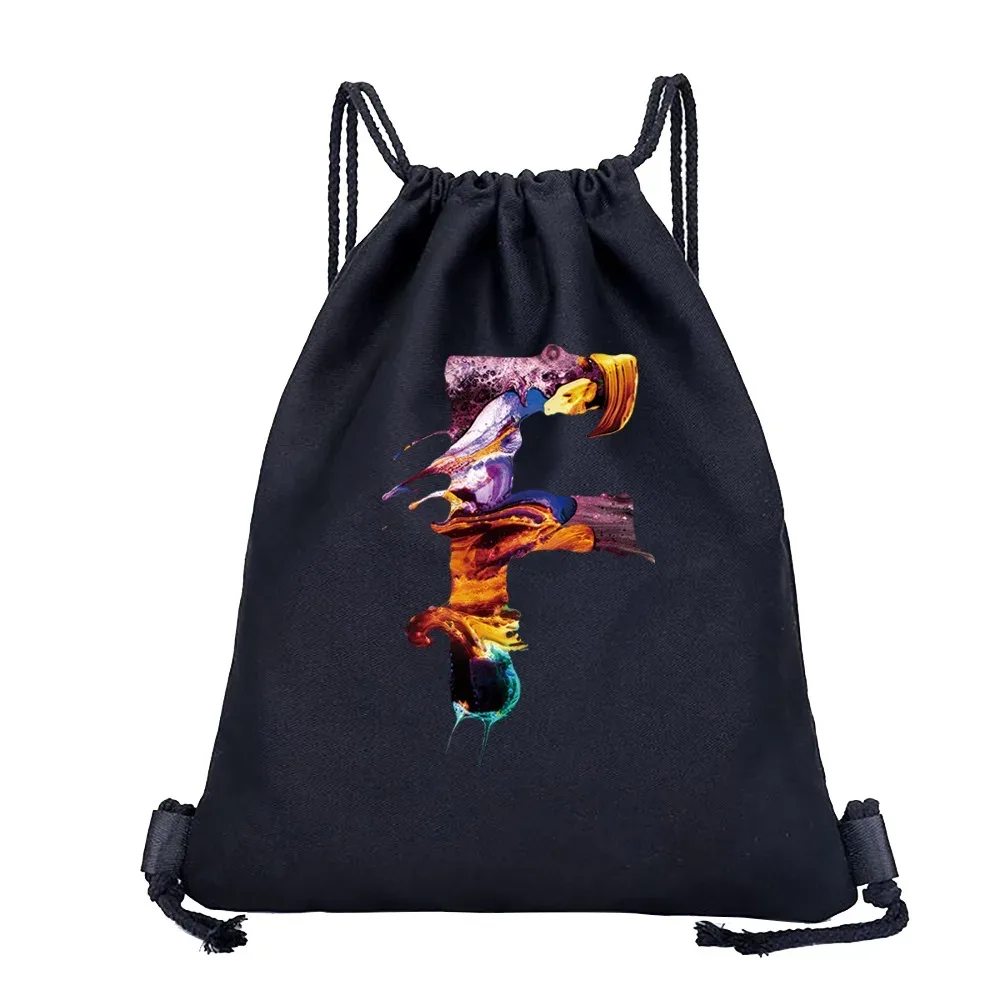 sac dos lin noir motif multicolore compact pliable cordon serrage poignées souple grande capacité sports plein air harajuku polyvalent