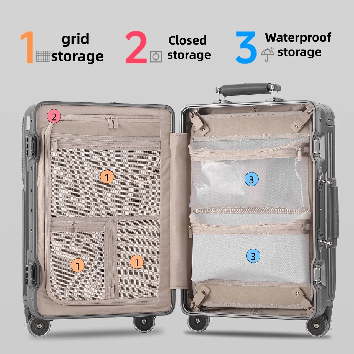 valise à ouverture frontale avec poignée large, cadre en aluminium, serrure tsa, coque rigide, bagage à roulettes 20 pouces, bagage cabine pour voyage