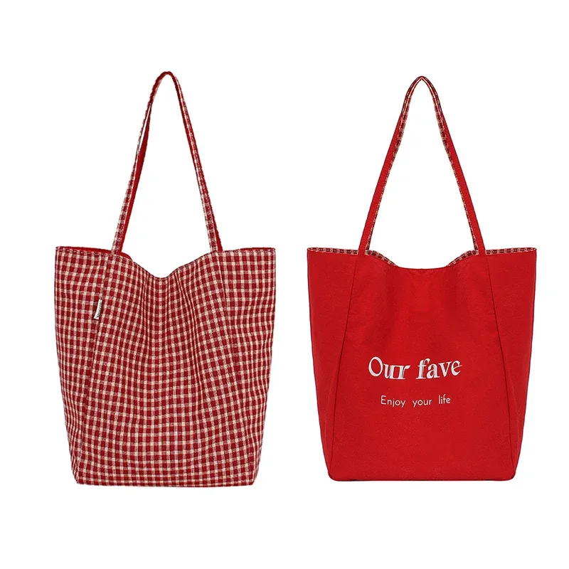 sac en toile à carreaux double face, multicolore, grande capacité, sac fourre-tout à bandoulière pour femmes, sac de shopping