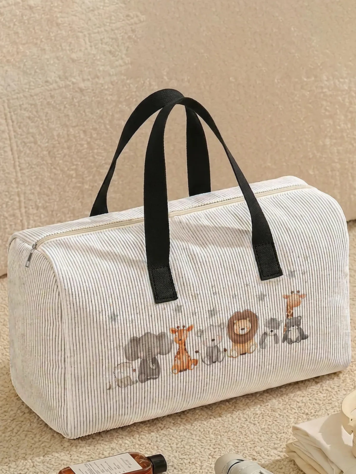 sac de voyage en velours côtelé imprimé d'animaux de la jungle, 2 styles, mignon, portable, adapté aux voyages de week-end, au sport et aux courses, 1 pièce