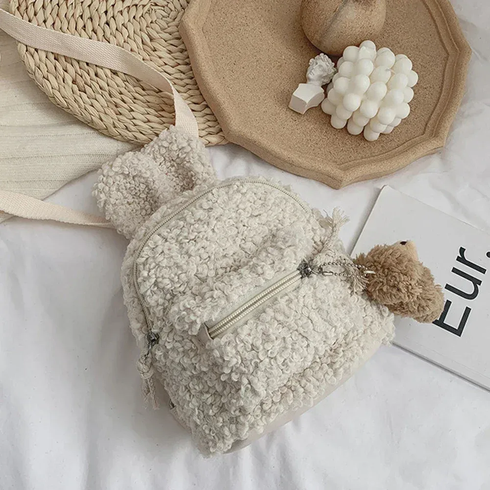sac à dos en peluche pour enfants en bas âge, sac d'école de maternelle avec oreilles de lapin mignonnes, sac de jour en polaire chaude d'hiver, sac de voyage en plein air pour garçons et filles
