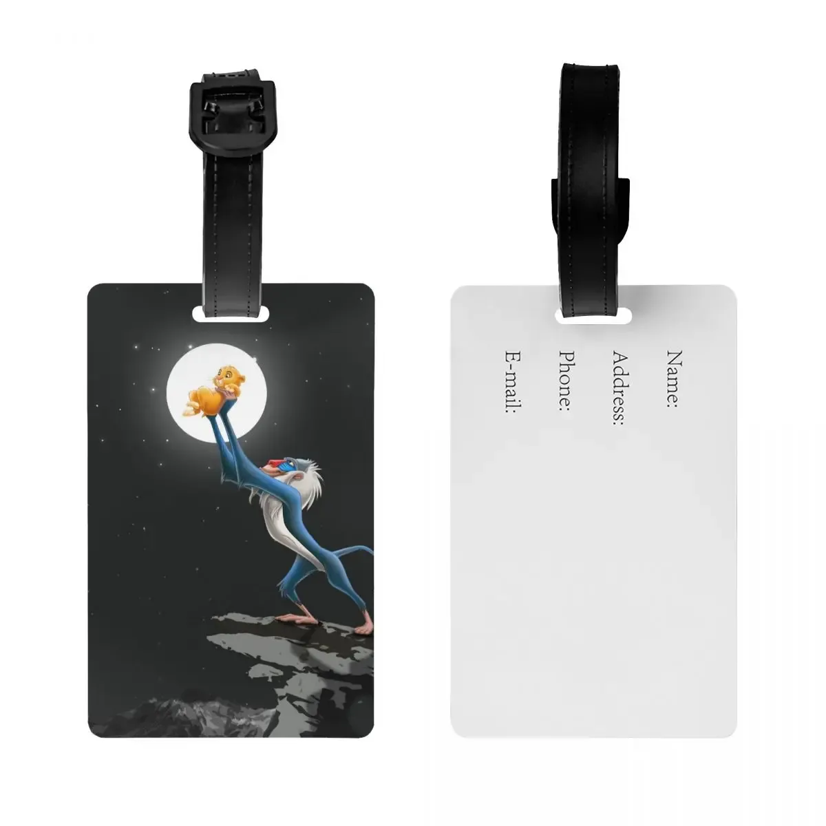 étiquette de bagage personnalisée rafiki avec carte nominative, étiquette d'identification avec couverture de confidentialité the lion cartoon k-kings pour sac de voyage et valise