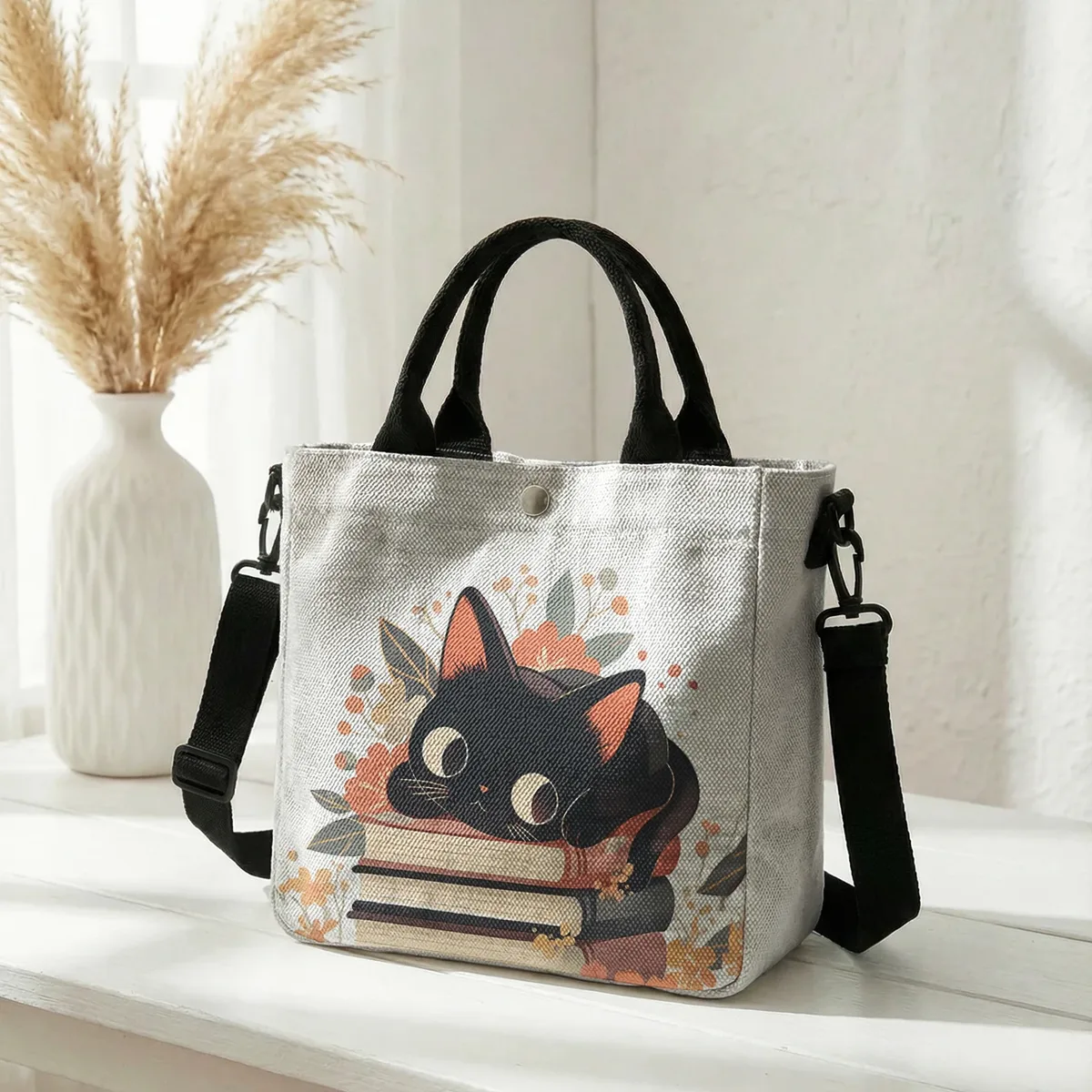 sac fourre-tout à imprimé floral avec chat noir mignon empilé sur des livres, sac à bandoulière détachable pour femme, idéal pour le shopping quotidien
