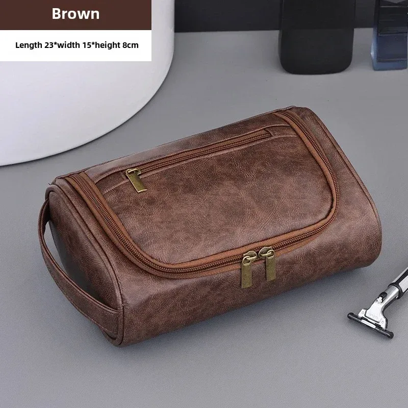 sac de lavage en cuir pour hommes, sac de voyage, voyages d'affaires, sac à cosmétiques portable, grande capacité, conception multi-poches, sac de lavage en cuir