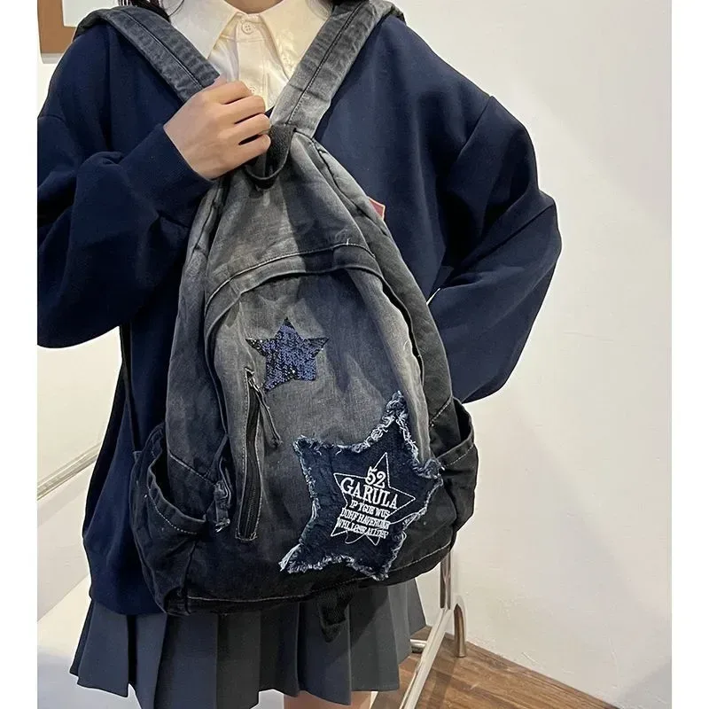 y2k coréen décontracté denim sac à dos mode étoile modèle grande capacité étudiant cartable adolescents vintage punk voyage livre sac