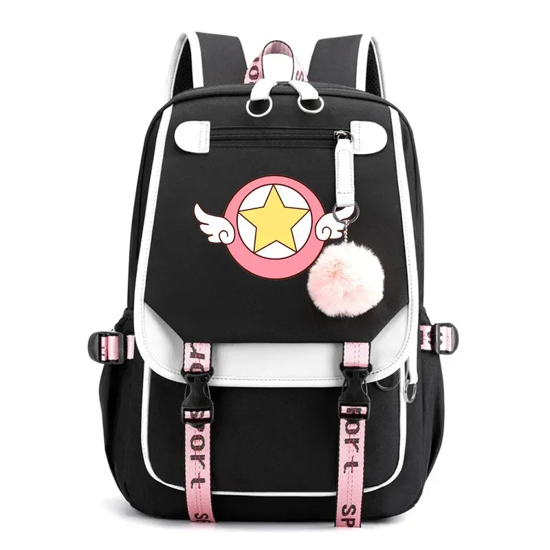 sac dos polyester noir bandes blanches roses poche devant dessin fille ailes étoile portable voyager