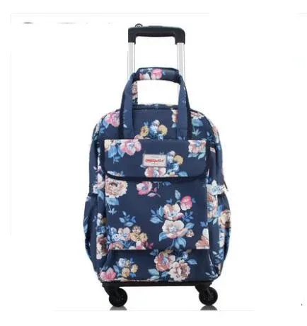 sac dos oxford université motif floral roses rouges fond bleu nuit toupie roulettes transport voyage femmes