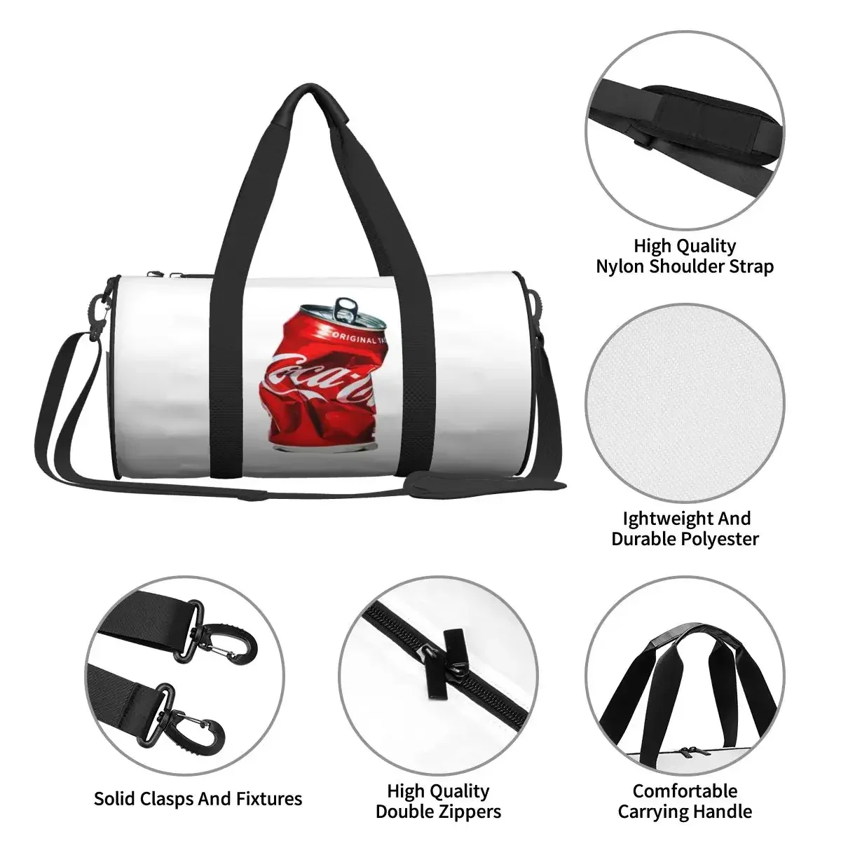 sac voyage polyester motif canette rouge coca cola format ovale poignée bandoulière ajustable usage sport week end