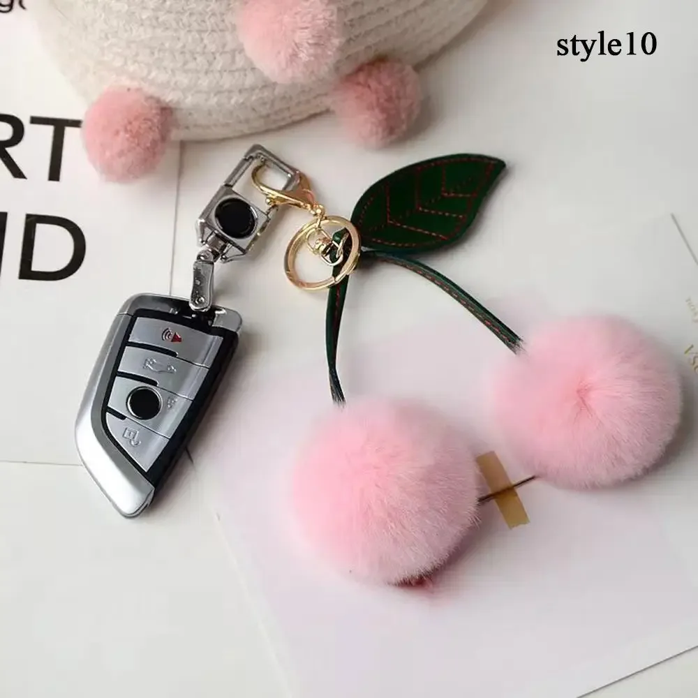 nouveau pelucheux lapin fourrure cerise porte-clés boule pompon porte-clés sac à main voiture porte-clés anneau cadeau femmes sac charme sac à dos accessoire