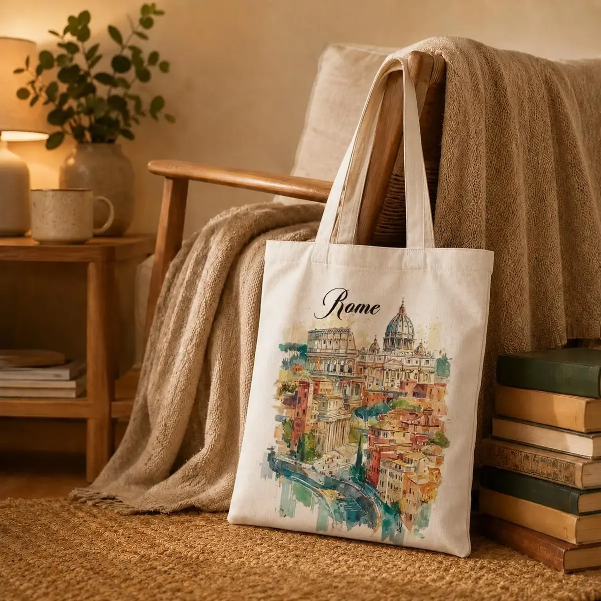 sac fourre-tout en toile aquarelle rome, imprimé paysage urbain italien, réutilisable, écologique, sac à bandoulière pour le shopping, cadeau de voyage