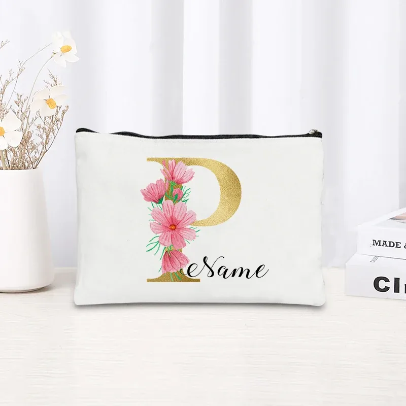 grande pochette zippée à motif floral rose et initiales dorées, organisateur d'essentiels de voyage en toile, trousse de maquillage pour enterrement de vie de jeune fille avec sac personnalisé avec nom.