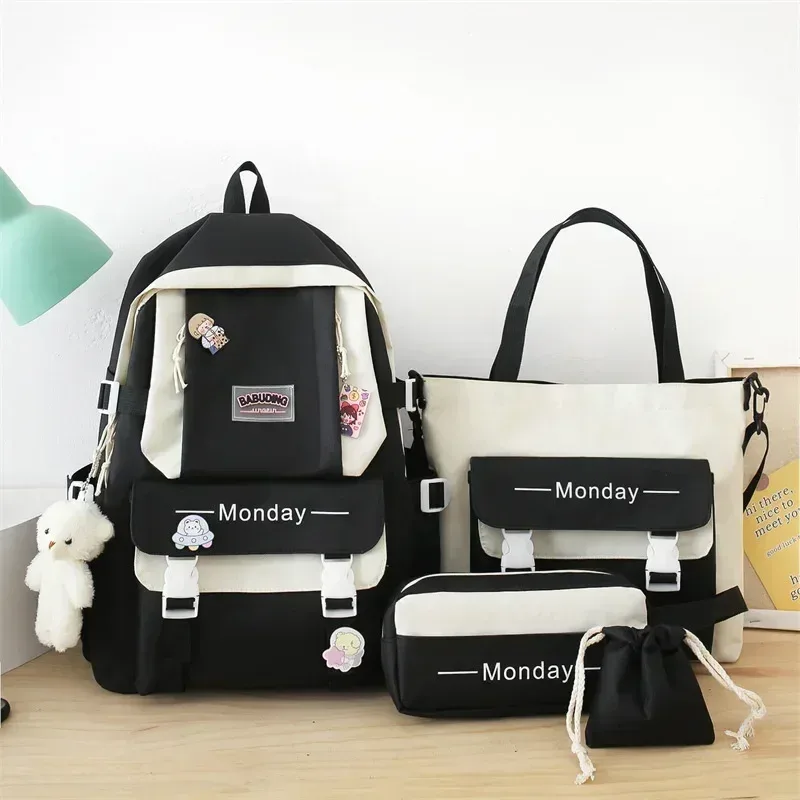 sac dos nylon rose blanc gris latérale monday enfants femmes école bandes fixation poignées pratiques travaux compartiments accessoires ensemble