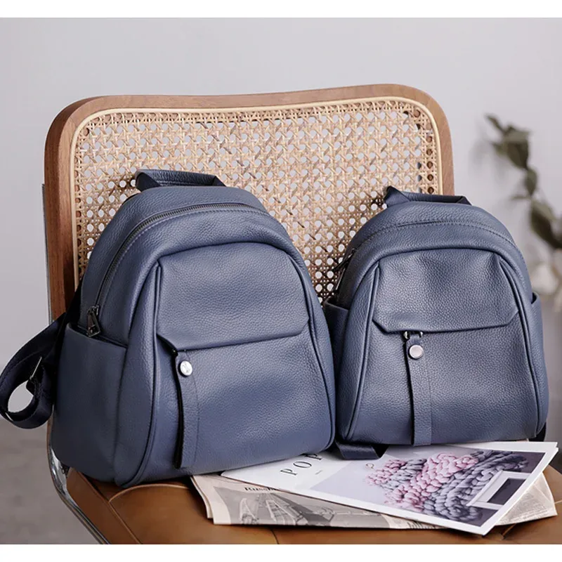 sac à dos portable en cuir véritable pour adolescente, sac à dos en peau de vache souple, sac à dos pour femme, bleu simple, 2 tailles, haute qualité, nouvelle mode