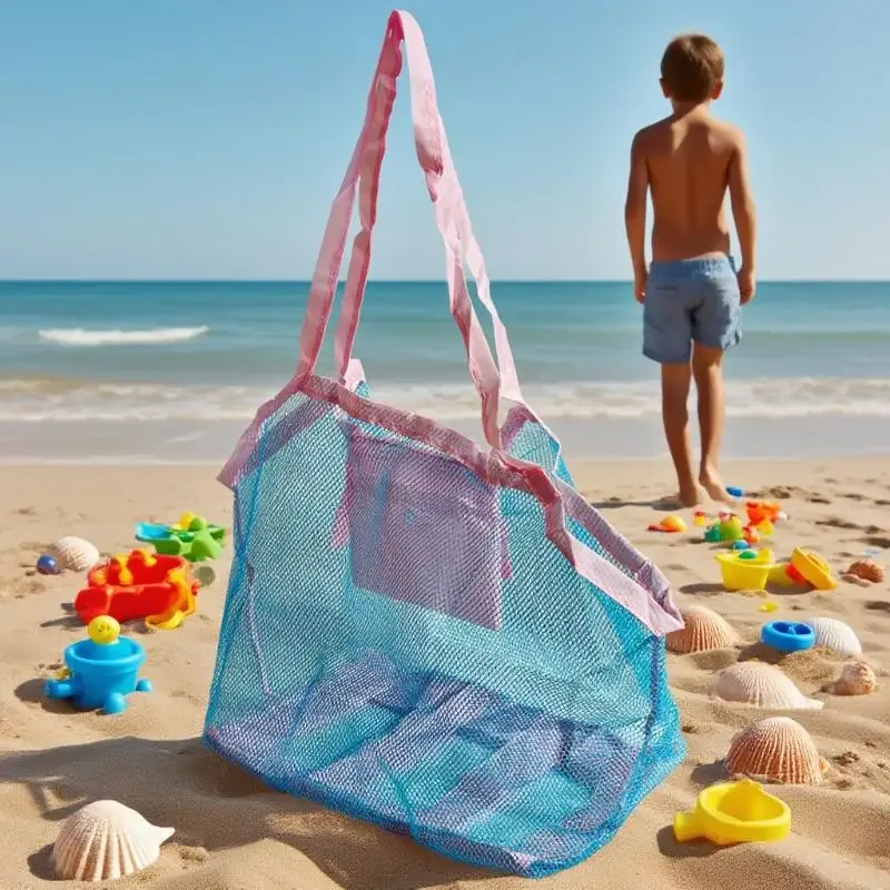 sac de rangement pliable et portable pour jouets de plage, outil de fouille de sable pour enfants, en maille, style moderne et simple