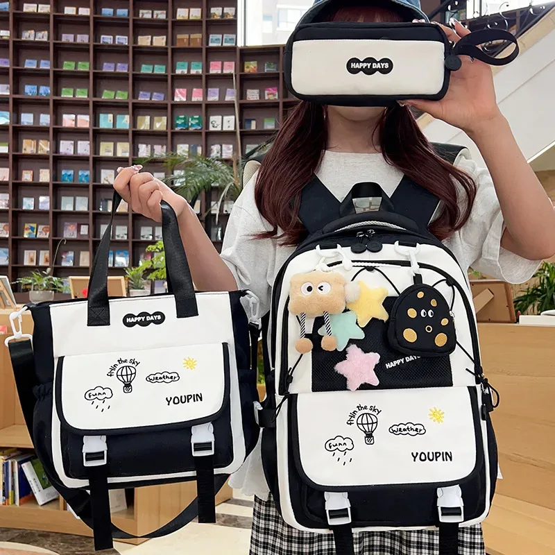 3 pièces/ensembles sacs d'école en nylon pour adolescentes kawaii femmes sacs à dos collège étudiant sac à dos pour ordinateur portable sac à dos cartable 2025