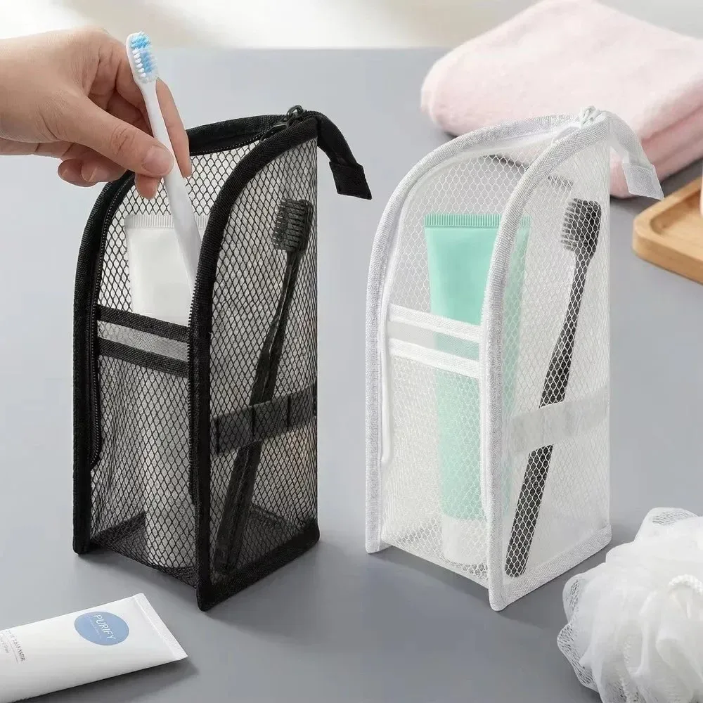 trousse de toilette de voyage en maille, organisateur portable pour brosse à dents et cosmétiques, pochette de rangement pour pinceaux de maquillage, trousse de lavage pour salle de bain