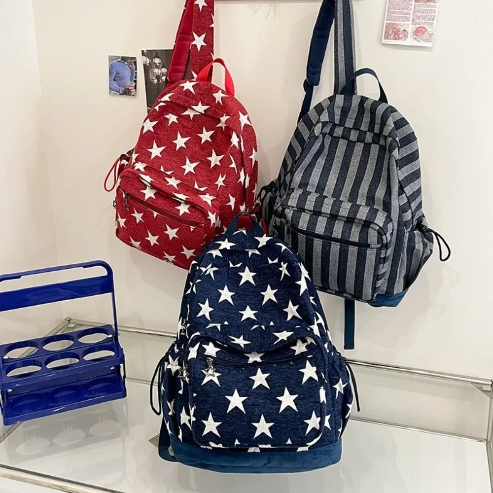 sac à dos à rayures grises de style coréen, multi-poches, bretelles réglables, impression d'étoiles, léger pour les déplacements