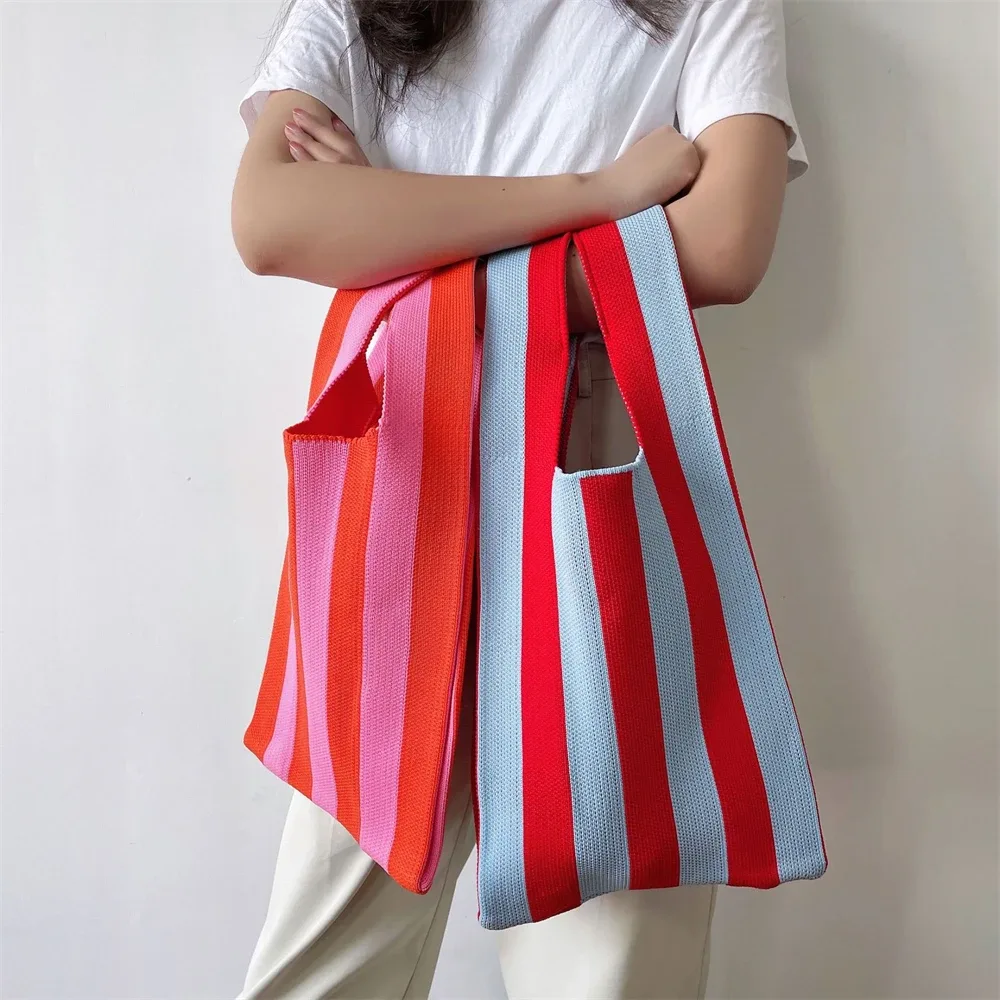 sacs fourre-tout en tricot rayé sac à bandoulière pour femme mode fourre-tout creux dames femme tissé shopper sac à main dame sac à main à bandoulière