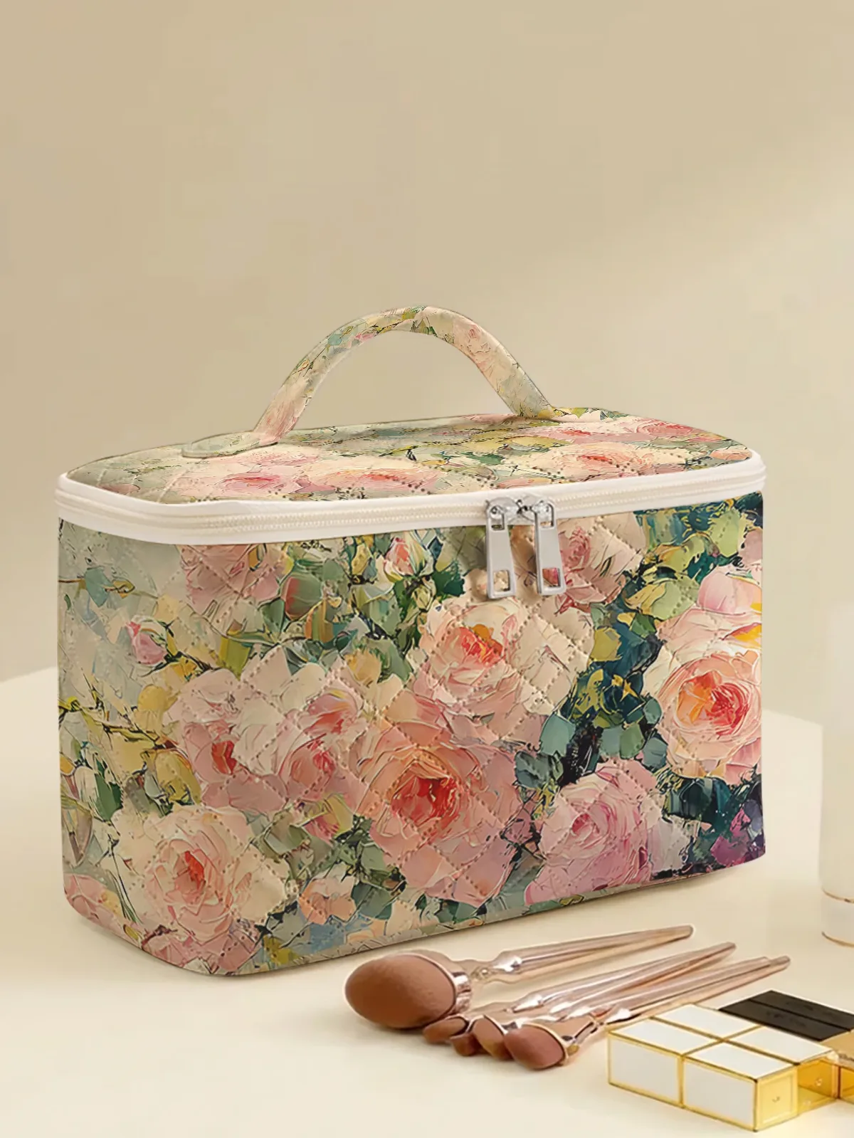 1 pièce, trousse de toilette de voyage portable avec motifs de roses, sac de rangement de voyage de grande capacité, trousse de maquillage mignonne et élégante
