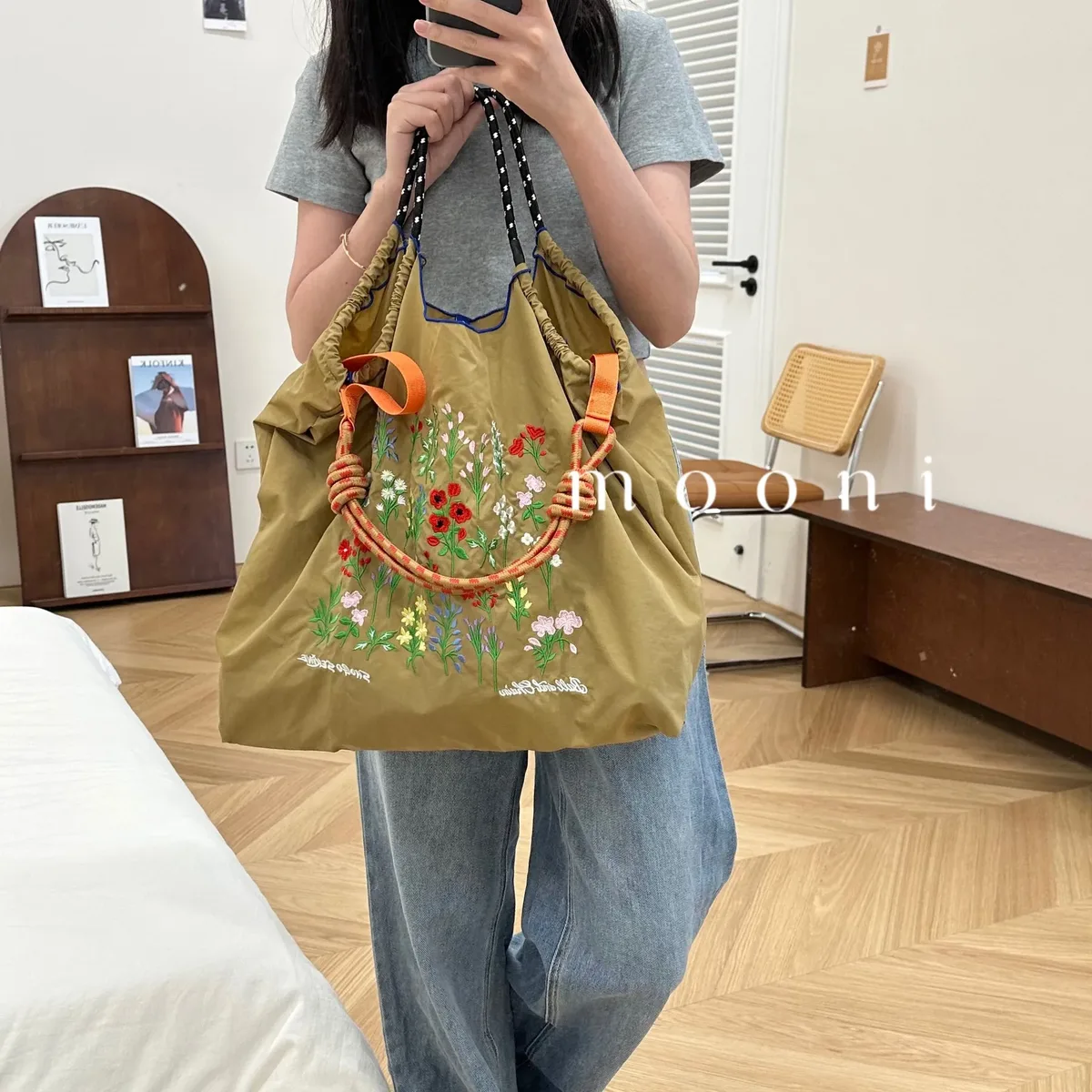 sac de shopping brodé pour femmes, avec chaîne à billes, grande capacité, en nylon écologique, sac à main, sac à bandoulière, sac porté en travers du corps.