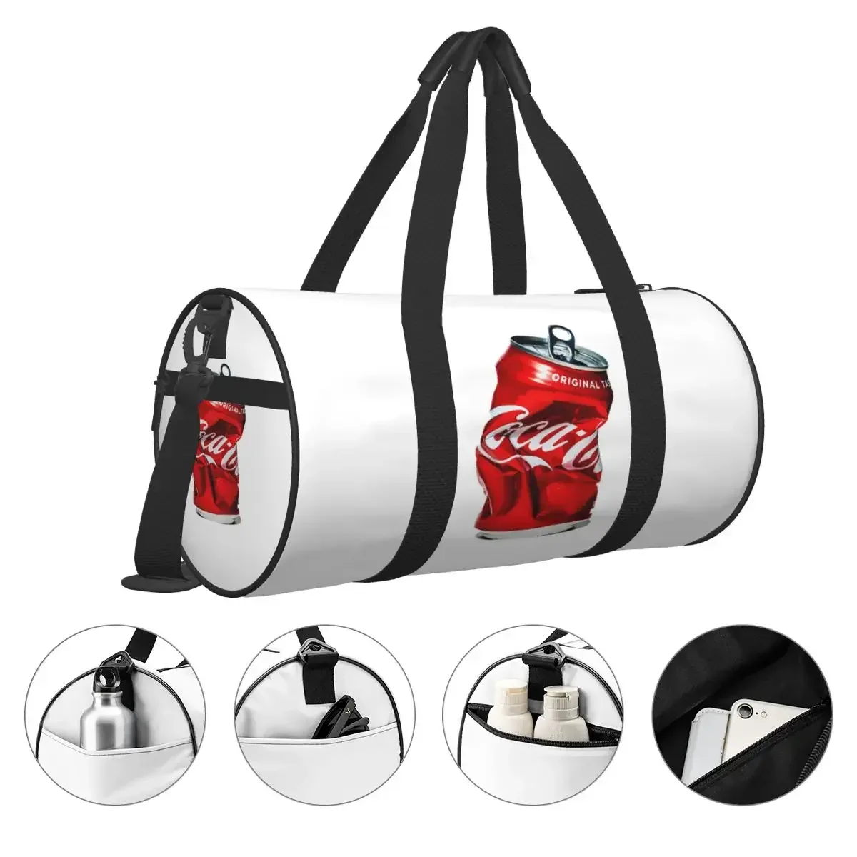 sac voyage polyester motif canette rouge coca cola format ovale poignée bandoulière ajustable usage sport week end