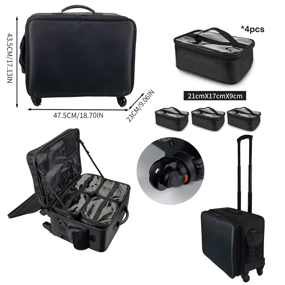 valise de chariot de maquillage de grande capacité, sacoche multifonctionnelle en pu oxford, boîte à outils roulante pour beauté nail art tatouage mode