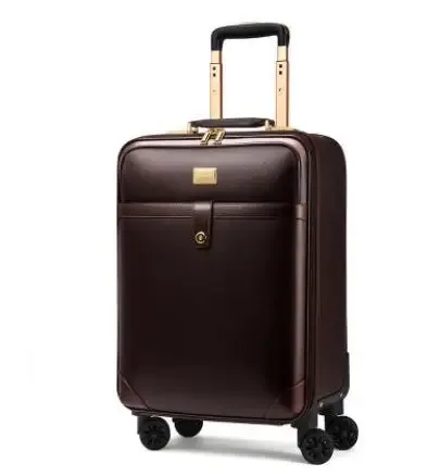 valise carrée cuir marron accents dorés roulettes quatre coins ceinture maintien intérieur marron affaires voyage