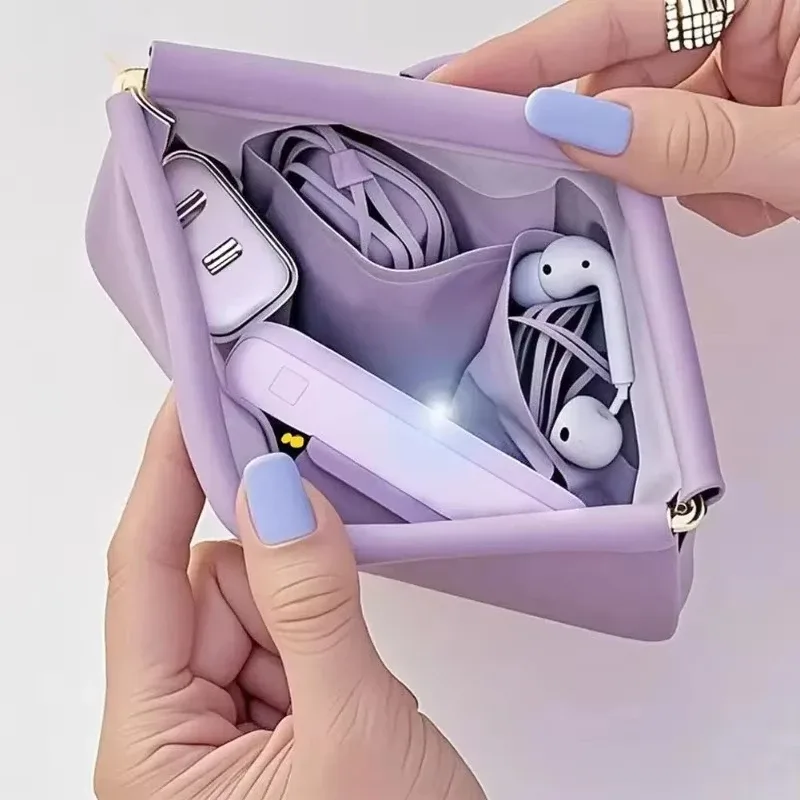 pochette de rangement mini imperméable en pu avec fermeture automatique, étui à rouge à lèvres et poudre, sac de transport pour écouteurs, organiseur cosmétique portable