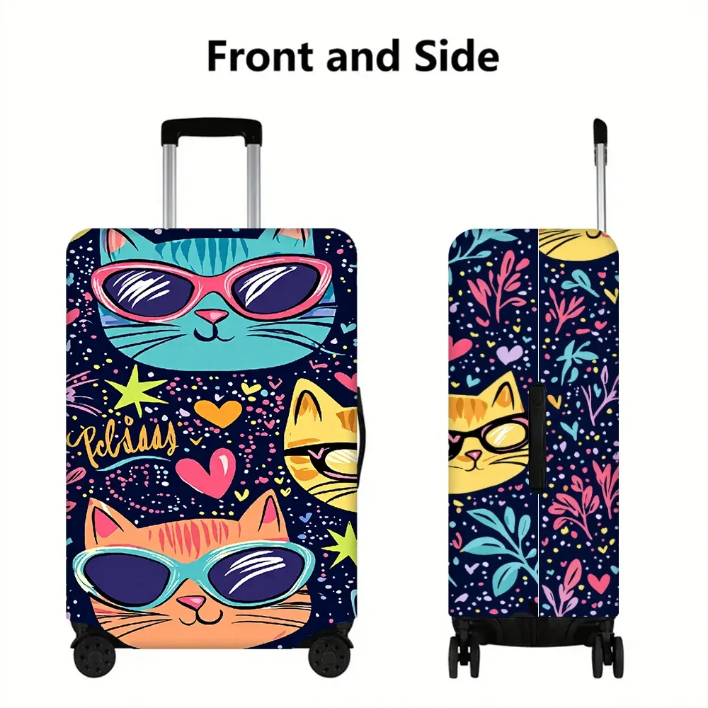 housse valise polyester joyeuse chats lunettes coeurs étoiles fleurs fond noir protection voyage taille variable