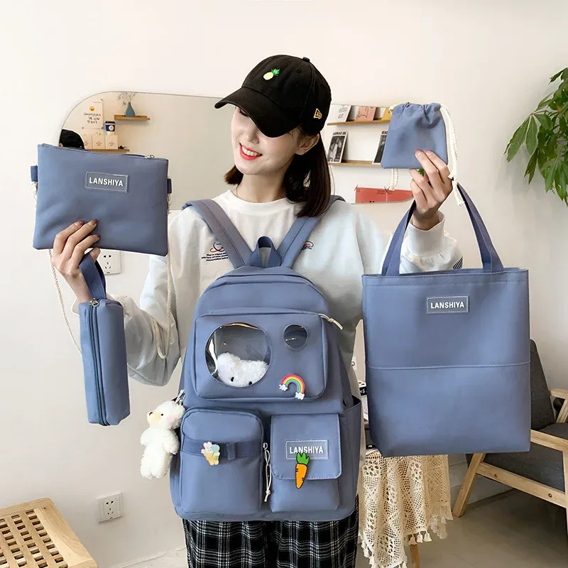 Sac Dos Toile Impermécable Motif Ours Arc Ciel Carotte Bleu Beige Femelle Grande Capacité Dos Qualité Étudiant Usage Voyage