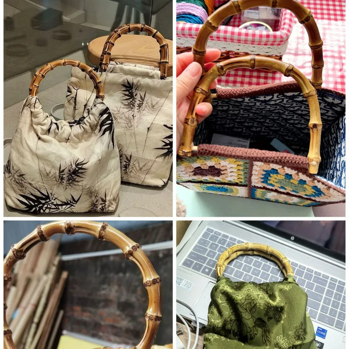 poignée sac main bambou simulé plastique motif naturel anneaux dorés rose marron accessoire remplacement personnalisé bricolage artisanat