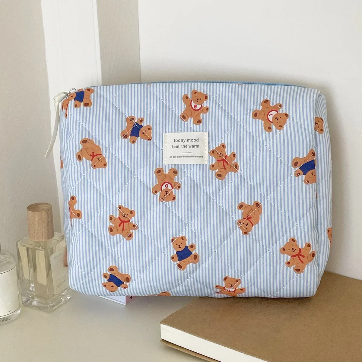 sac à cosmétiques motif ours rose beige pour femmes, joli organisateur de voyage de maquillage à fermeture éclair, sac à main féminin, pochette de toilette pour filles