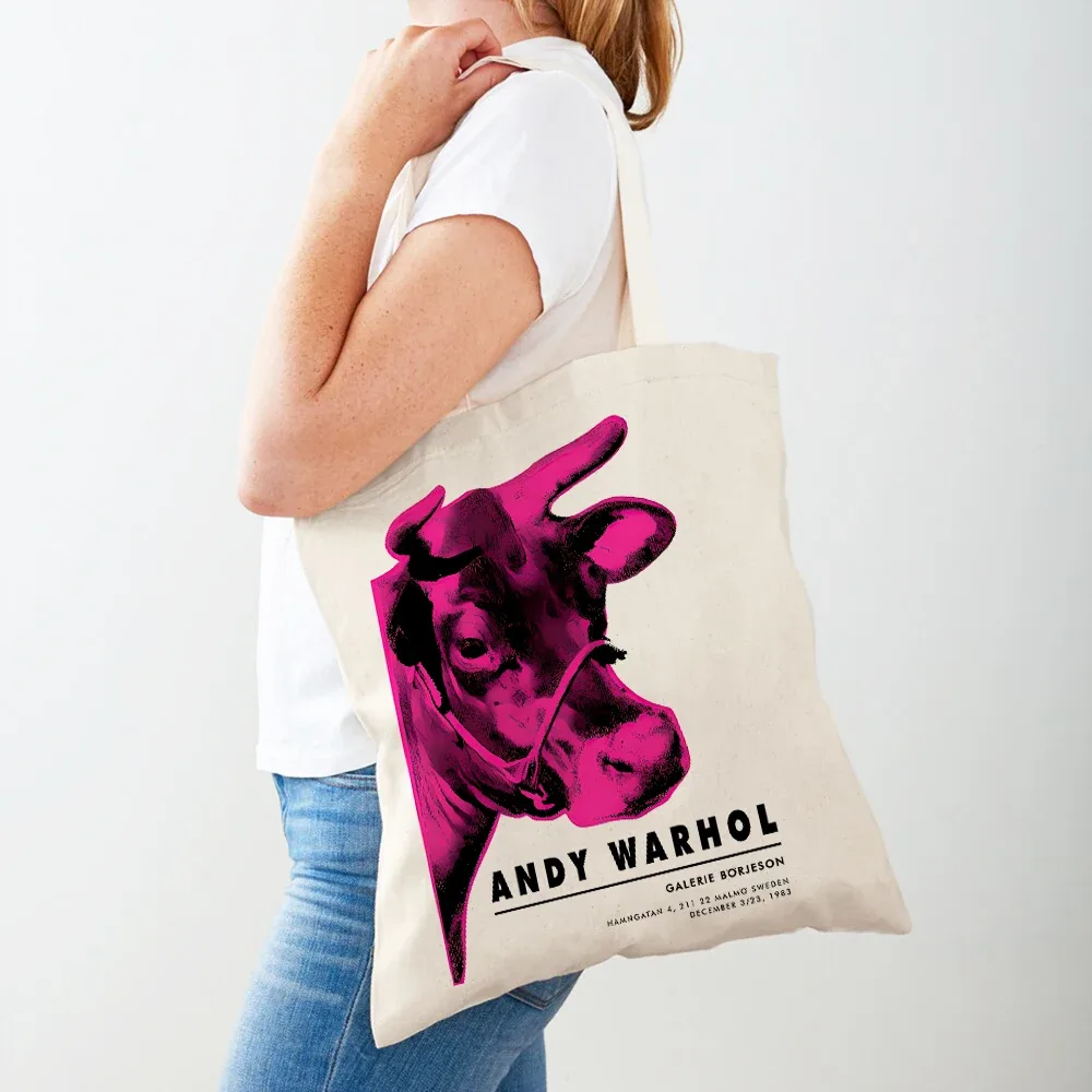 les deux côtés andy warhol vache banane coucher de soleil fleur pop femmes shopper sacs fourre-tout sac à main mode décontracté rétro dame sac à provisions