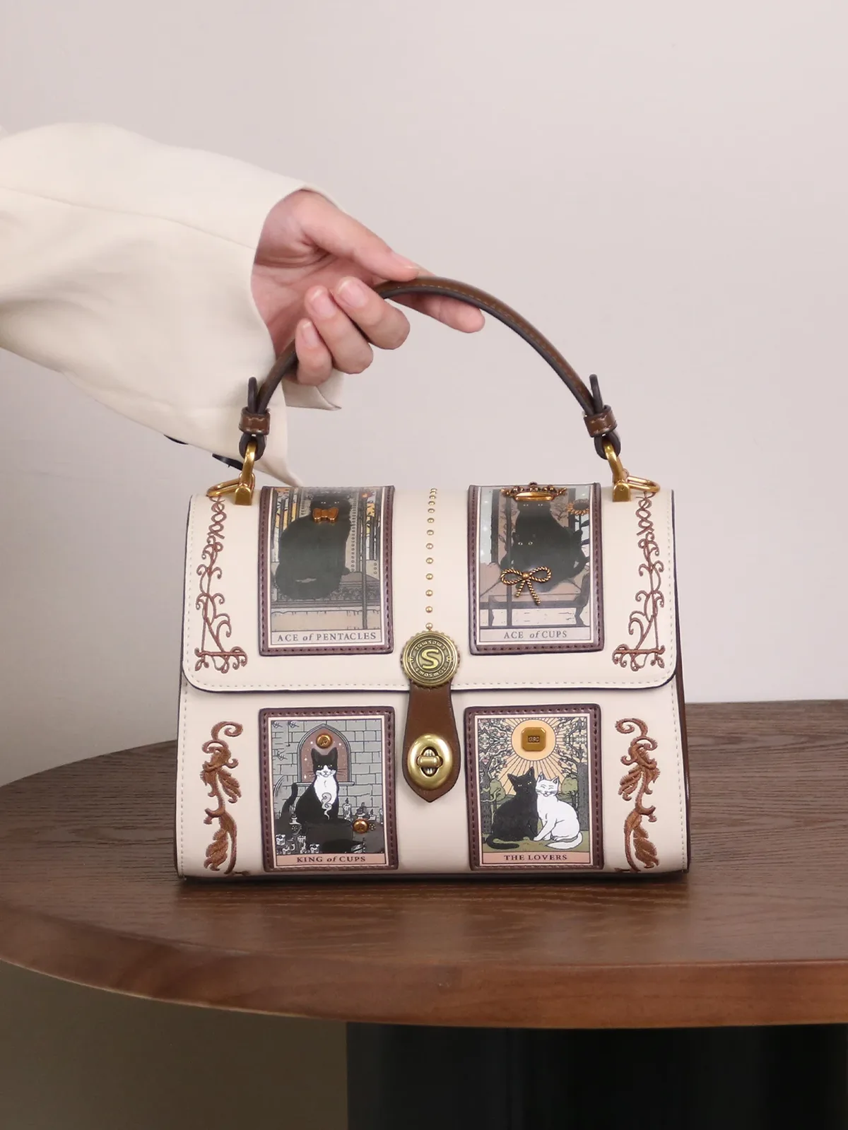 nouveau sac à main de luxe pour femme 2026, style rétro, sac boston tarot, motif chat mignon, sac docteur rose et violet unique