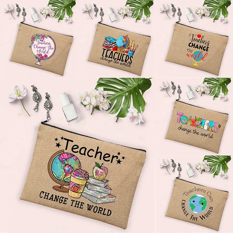 teacher change the world linen powder trousse de toilette de voyage pour femme, trousse de maquillage, cadeau de retour à l'école, sac à cosmétiques