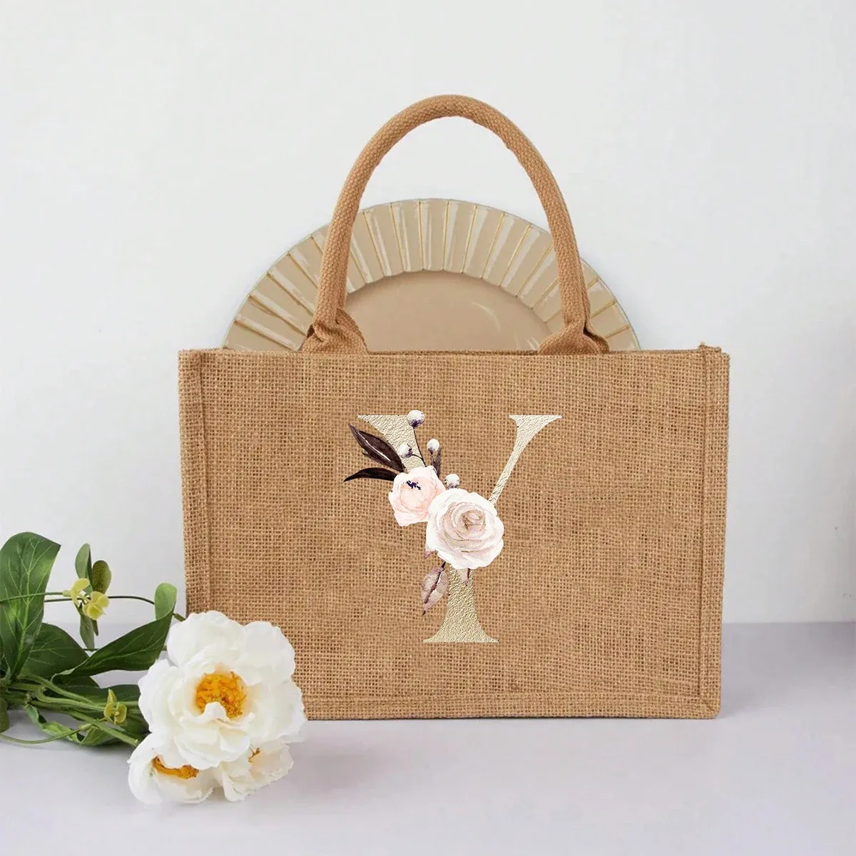 nouveau sac à main élégant en lin à motif lettres dorées, sac à main portable multifonctionnel, sac en lin, sac à main simple grande capacité, sac de rangement décontracté portable, sac de courses multifonctionnel, nouveau design, grande capacité, parfait pour le shopping