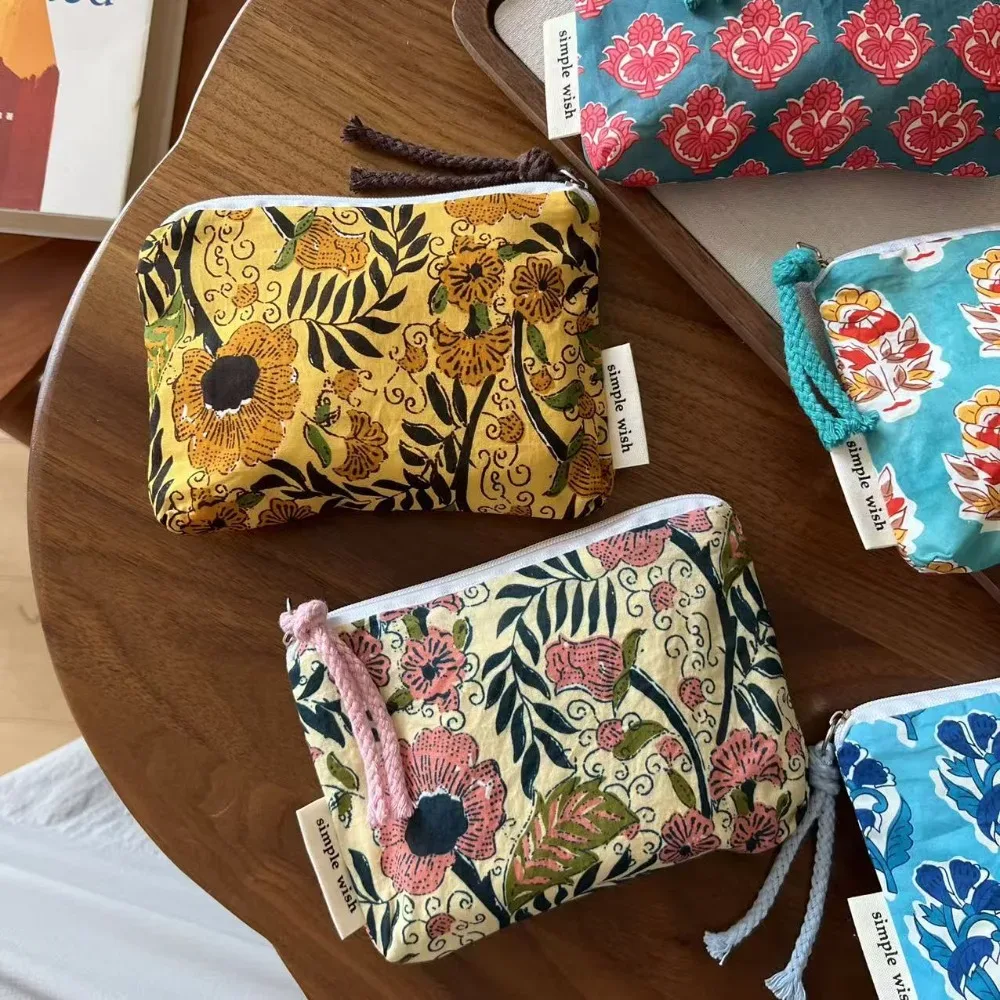 sac de serviette hygiénique vintage à la mode, mini porte-monnaie bohème de style indien, sac de voyage en coton à fermeture éclair, rangement pour cosmétiques, écouteurs, etc.