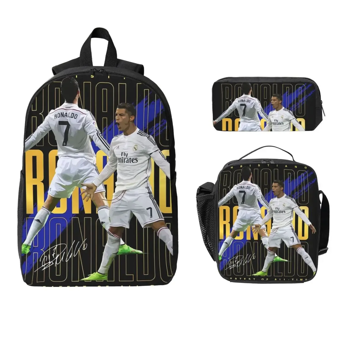 sac dos polyester noir impression ronaldo bleu jaune pique-nique isolante bandoulière usage voyage étudiant