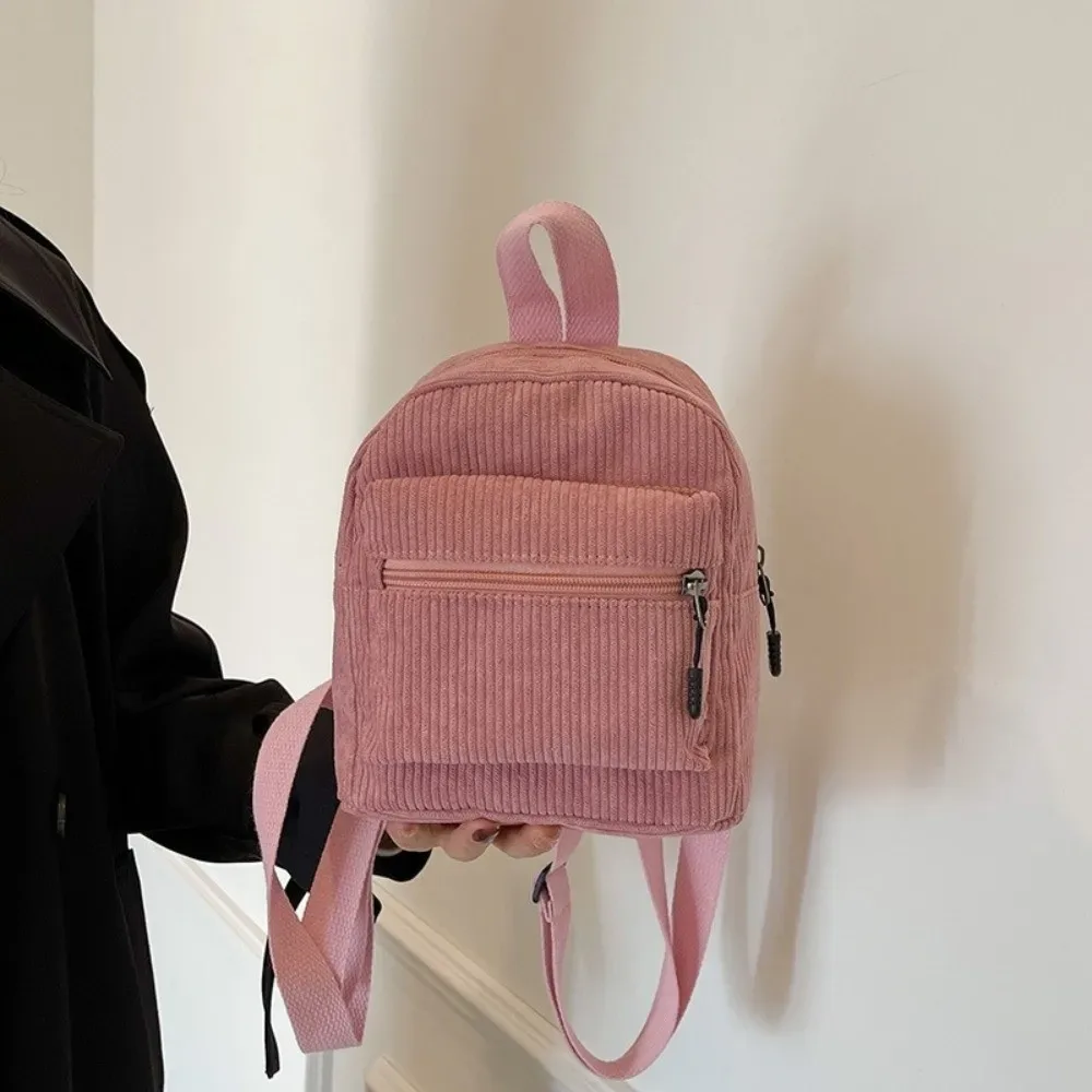 mini sac à dos en velours côtelé de couleur unie, style coréen, léger, avec fermeture éclair, sac à bandoulière double, sac à dos vintage portable pour les voyages quotidiens