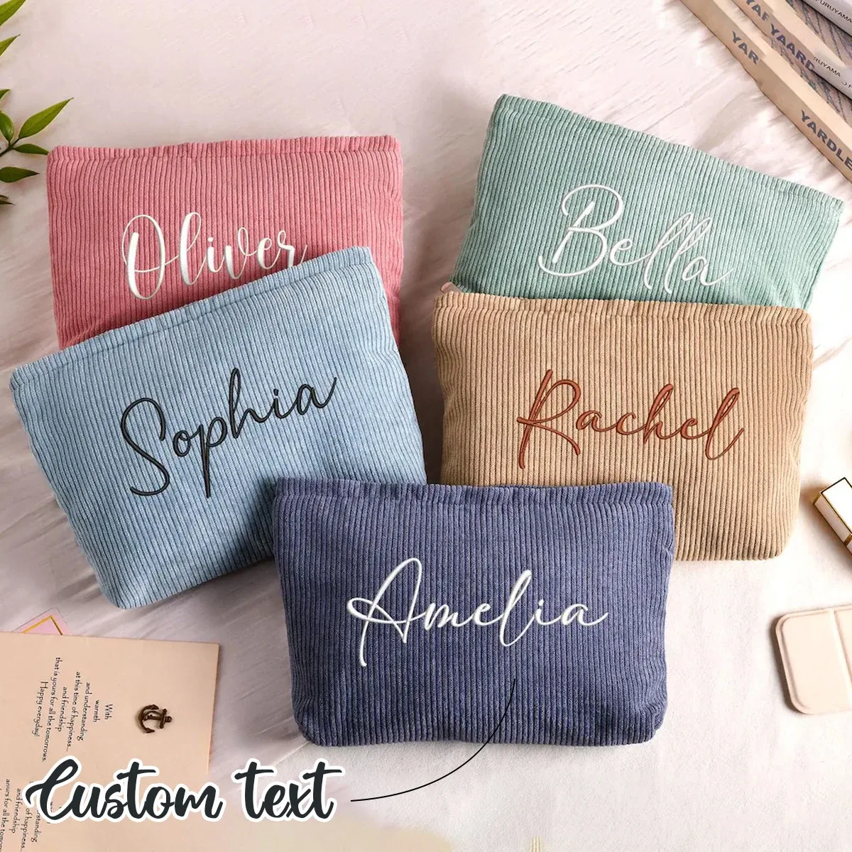 Pochette à maquillage en velours côtelé personnalisée, pochette de rangement texturée douce pour ranger les cosmétiques, idéale pour un usage quotidien, les vacances à la plage et les voyages